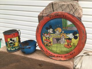 Rare Vintage 1930s Tin Litho Disney Mickey Minnie Helpmates Plate Pitcher Toys