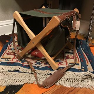 Vtg Holland Brothers Mulholland Folding Fishing Shooting Stool.  Leather & Canvas