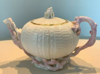 Antique Belleek Echinus Pink And White Teapot First Black Mark (1863 - 1891)
