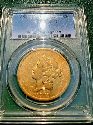 1852 Liberty Gold $20 Pcgs Vf 20 Amazingly Rare Coin - Third Year Of Issue