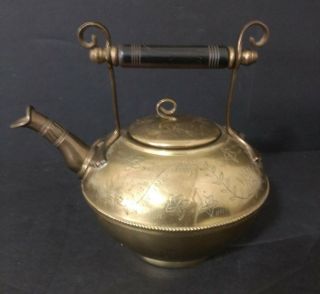 Antique Hand Engraved Brass Teapot Mottahedeh Design Wood Handle From India