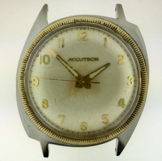 60s Vtg Asymmetrical Bulova Accutron Watch Stainless Steel W/14k Gold Bezel Ring