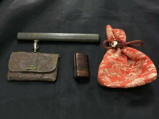 Antique Japanese Inro Wood Lacquer Pillbox Netsuke Drawstring Bag Pipe Case