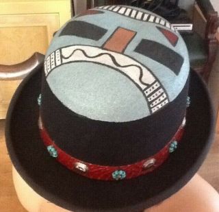 Derby Hat By Kenwood 100 Wool Artist Hand Painted Southwestern Beads Vintage