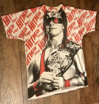 Vintage 90s BRET ‘HITMAN’ HART WWF Titan Sports 1993 All Over Print T Shirt 2