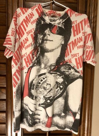 Vintage 90s BRET ‘HITMAN’ HART WWF Titan Sports 1993 All Over Print T Shirt 3