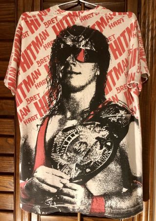 Vintage 90s BRET ‘HITMAN’ HART WWF Titan Sports 1993 All Over Print T Shirt 4
