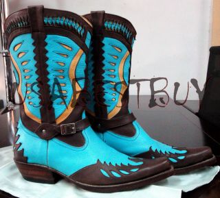 Handmade Mens Sky Blue Cowboy Antique Style Western Boots,  Rare Cowboy Boots