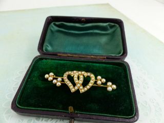 Antique Victorian 15ct Gold Double Heart Pearl Brooch Boxed