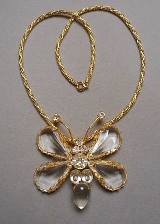 Signed Schreiner York Faceted Crystal Butterfly Brooch Pendant On 18 " Chain