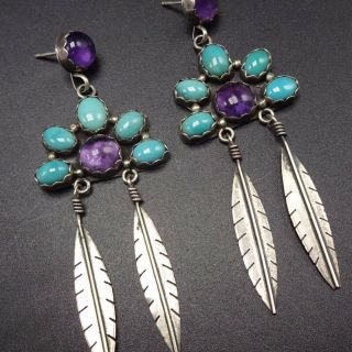 Vintage Southwestern Sterling Silver Turquoise Amethyst Earrings Dangle Feathers