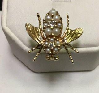 14k Gold Diamond And Pearl Bee Pendant Flying Bug Vintage Pin 2