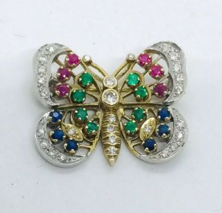 Vintage 14k 2 Tone Gold Diamond Emerald Ruby Sapphire Butterfly Pin Pendant