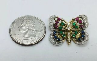 Vintage 14k 2 Tone Gold Diamond Emerald Ruby Sapphire Butterfly Pin Pendant 6