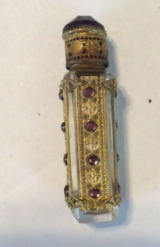 Vintage Czech Czechoslovakia Glass Miniature Perfume Bottle Amethyst Jeweled 10