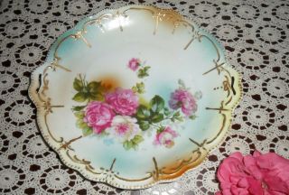 Large Victorian Antique Hand Painted Cabbage Roses Handled Charger Plate Dish