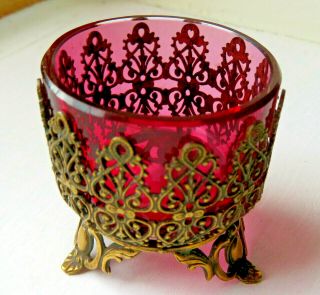 Antique Delightful Mini Brass Encased Cranberry Individual Salt Or Posy Bowl.