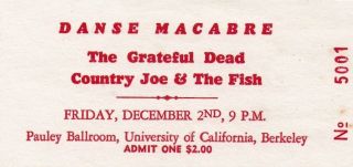 Grateful Dead Ticket December 2,  1966 Pauley Ballroom,  Uc Berkeley,  Ca Rare