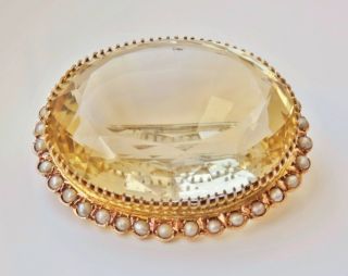 Fine Antique Victorian Scottish Large 9ct Gold Citrine & Seed Pearl Brooch C1885