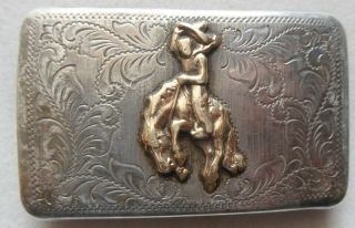 Antique Large Sterling Silver Buckle With 10k Gold Bucking Bronco And Cowboy