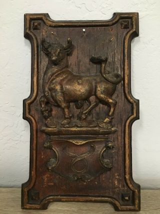Antique Carved Wood Relief Plaque Taurus Bull Zodiac Sign 12 "