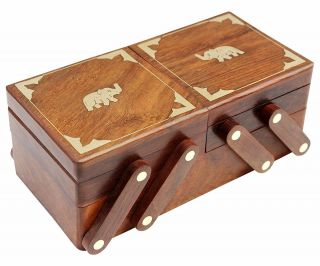 Vintage Wooden Box Jewelry Organizer Elephant Hand Carved Storage Box