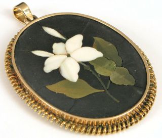 Antique Rare Victorian 14k Yellow Gold Pietra Dura Inlay Flower Slate Pendant