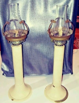 Pair Antique Brass Faience Oil Candle Lamps With Mini Glass Chimneys Flutes