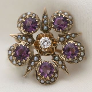 Antique Victorian 14k Gold Amethyst Diamond Brooch Pin Pendant