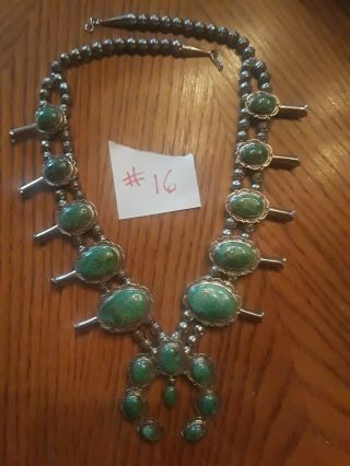 Antique Squash Blossom Necklace Kingman Turquoise Sterling 160 Grams 26 " Huge