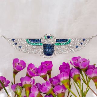 Diamond Sapphire Emerald Art Deco Pendant Egyptian Scarab Necklace Vintage Deco