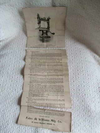 Antique Foley & Williams MIDGET Crank Sewing Machine w/ Box,  instructions 12