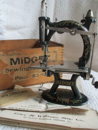 Antique Foley & Williams Midget Crank Sewing Machine W/ Box,  Instructions
