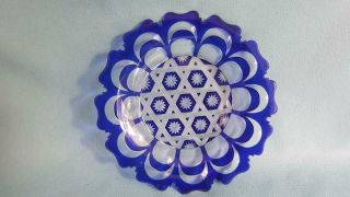 C19th Bohemian Clear Crystal & Cobalt Intricate Wheel Cut Pattern Cabinet Dish