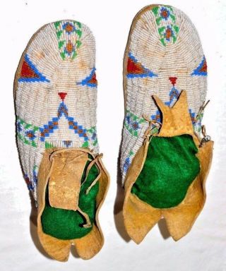 Antique Native American Indian Cheyenne Fully Beaded Moccasins,  Rawhide Soles