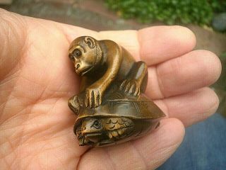 Hand Carved Wood Netsuke Monkey Upon Tortoise Collectable Boxwood Figurine