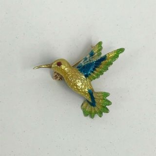 Vintage 14k Gold Enamel Hummingbird Pin Blue Green Yellow - Gold Enamel 4.  5 Grams