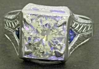 Vintage 14k Wg 3.  30ctw Diamond & Blue Sapphire Unisex Ring W/ 3.  0ct Diamond