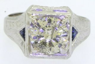 Vintage 14K WG 3.  30CTW diamond & Blue sapphire unisex ring w/ 3.  0CT diamond 2