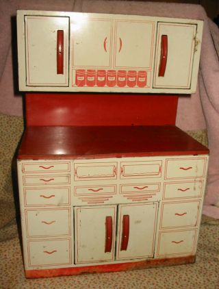 Vtg Wolverine Toy Litho Tin Metal Ware Red White Kitchen Spice Cabinet Cupboard