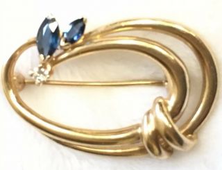 Vintage Nabco 14k Gold Diamond Open Circle Brooch Pin Blue Topaz 1.  5” 4.  70 Grams