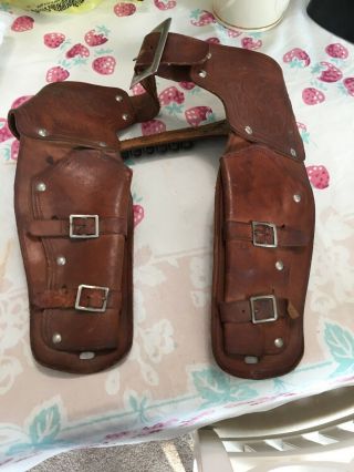 Child ' s Vintage Cowboy Tooled Leather Western Double Holster Gun Belt Large size 2