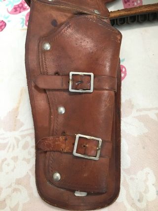 Child ' s Vintage Cowboy Tooled Leather Western Double Holster Gun Belt Large size 3