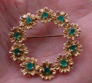 Vintage 14k Yellow Gold W/ Emeralds In Flowers Wreath Brooch 7.  8 Grams No Scrap