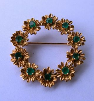 Vintage 14K Yellow Gold w/ Emeralds in Flowers Wreath Brooch 7.  8 Grams No scrap 2