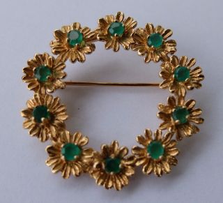 Vintage 14K Yellow Gold w/ Emeralds in Flowers Wreath Brooch 7.  8 Grams No scrap 3