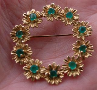 Vintage 14K Yellow Gold w/ Emeralds in Flowers Wreath Brooch 7.  8 Grams No scrap 8