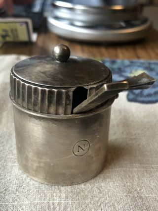 Rare Georg Jensen Parallel Mustard Pot & Spoon - 627 - Dessin O.  B.  - C.  1925/32