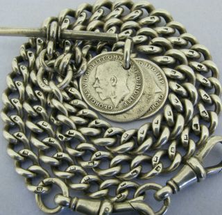 Antique Solid Silver Double Albert Watch Chain T - Bar & 3 Coin Fobs Bir 1913
