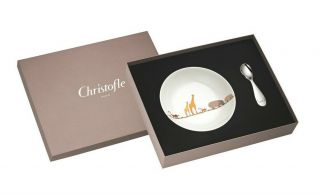 Savane by Christofle Paris Silver Plate Child Plate and Baby Spoon Set 4
